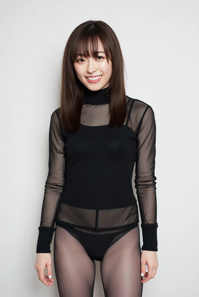 8k, RAW Photo, Best Quality, Masterpiece:1.2),(Realistic, photo-realistic:1.37), Super Detail, She is wearing tight thin fitting transparent black long sleeve turtleneck , no pants, transparent black pantyhose, cinematic lighting, ecstacy face, monotone background, facing front, smiling, portrait, dressed up to the belly button, dressed up to the neck
