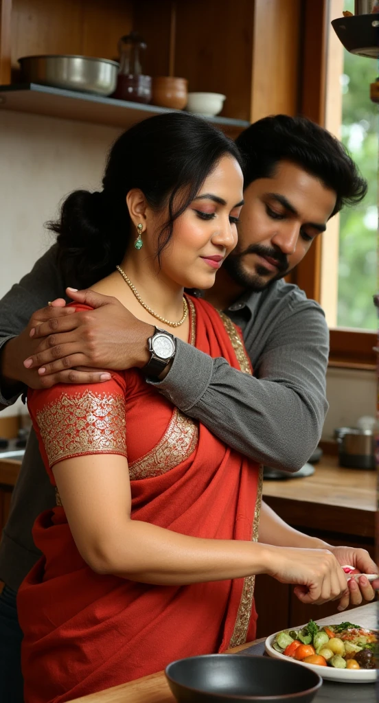 A tamil mature womam working in a kitchen a man hugging her back 