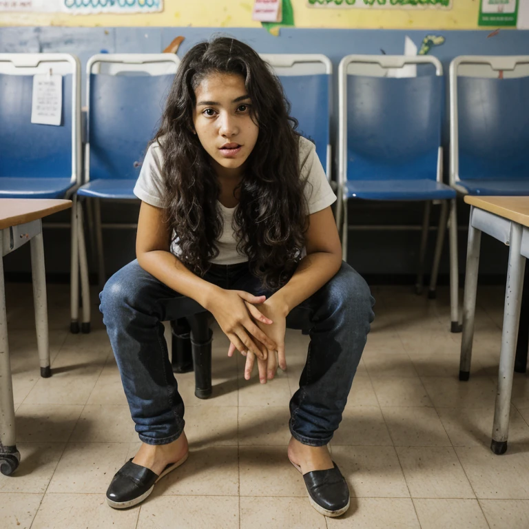 Brazilian teenager , sharp nose, black skin,  curly hair  , Pretty girl with face and body , in the classroom of a Brazilian public school. Distressed look peeing on my pants, lots of pee, Puddle of pee on the floor  ( SHOW YOUR ASS)