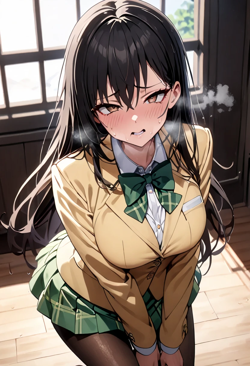 、 black hair、  Brown Eyes  、Long Hair、  ((( I feel the intense climax 、 Naughty Look 、Hot body、Hot breath、My crotch hurts )))、scream、((  trembling body))、  lies down, Bend your body、Alone,  Yellow Blazer,   Long Sleeve  ,  green bow tie,   check out the miniskirt ,  Green Mini Skirt ,   pantyhose ,   loafers in white, masterpiece,  best quality,   detail face , fine grain,  View in high resolution 、Hot body、Hot breath、