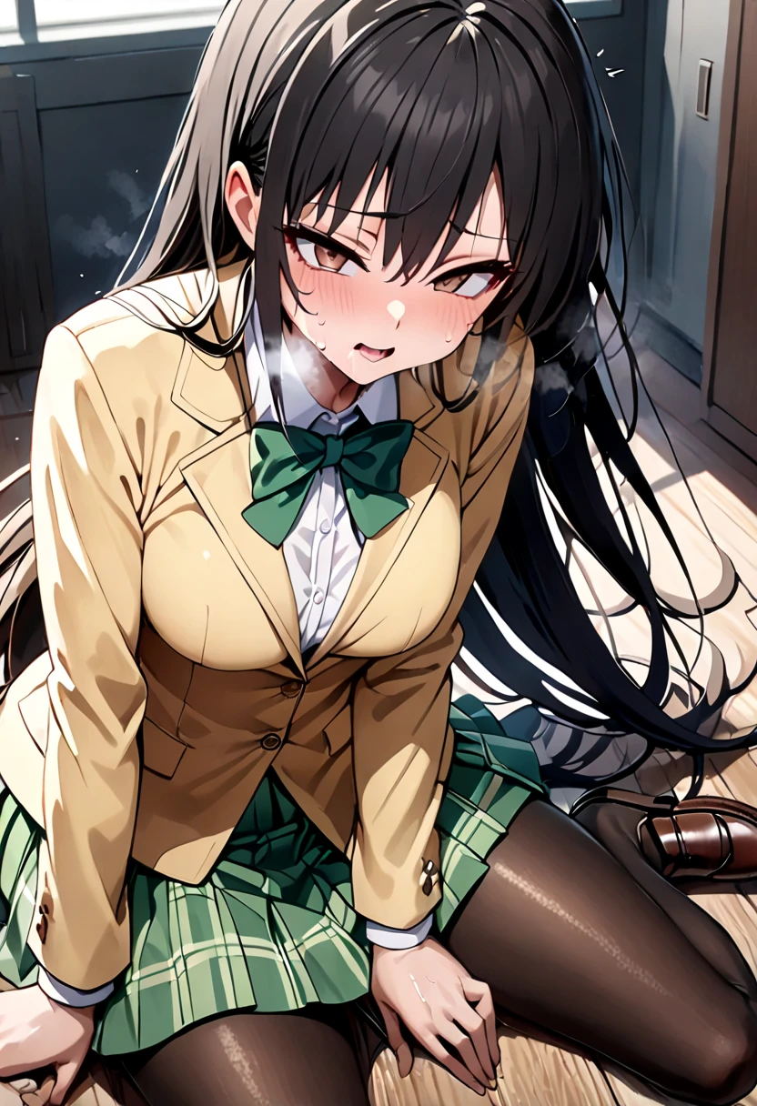 、 black hair、  Brown Eyes  、Long Hair、  ((( I feel the intense climax 、 Naughty Look 、Hot body、Hot breath、My crotch hurts )))、scream、((  trembling body))、  lies down, Bend your body、Alone,  Yellow Blazer,   Long Sleeve  ,  green bow tie,   check out the miniskirt ,  Green Mini Skirt ,   pantyhose ,   loafers in white, masterpiece,  best quality,   detail face , fine grain,  View in high resolution 、Hot body、Hot breath、