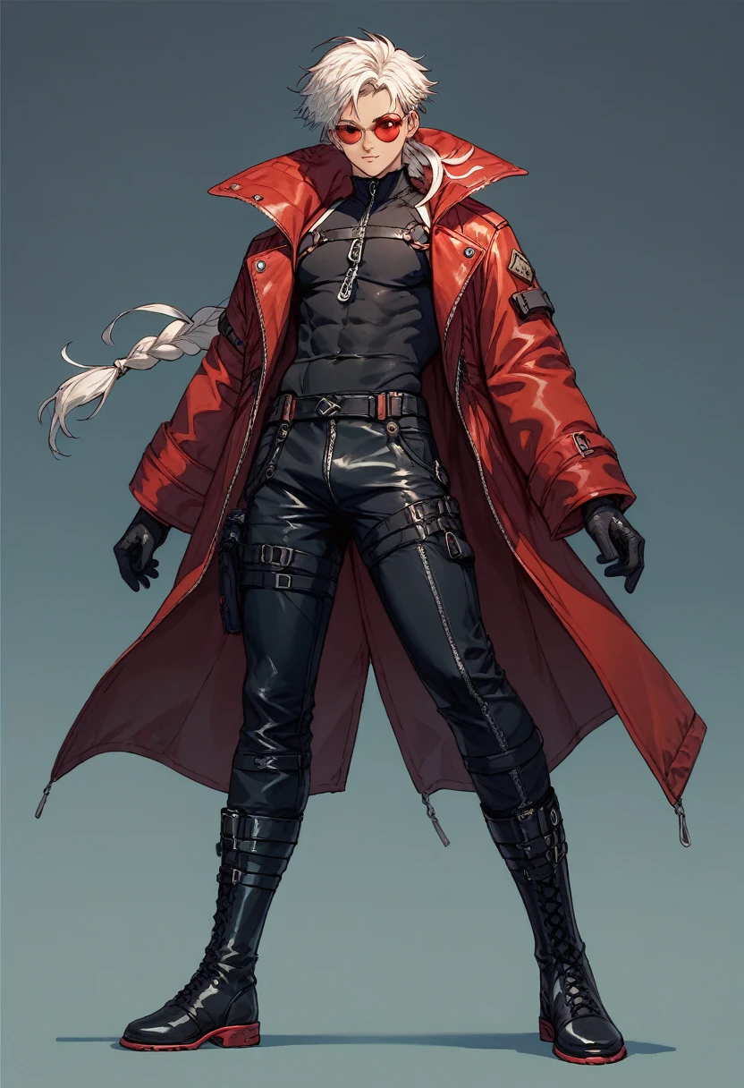 human Male ,Clear Skin , round Red SunGlasses , white hair,long braided ,zip Red Coat  , Black Gloves  , Black boots , Full body ,pose , Black shirt 