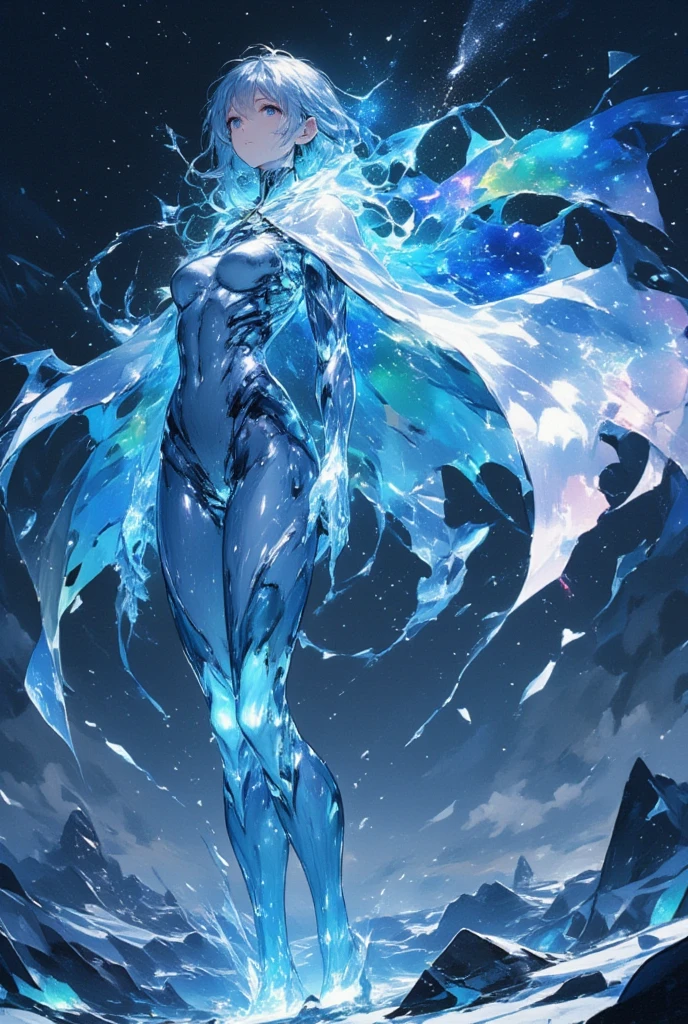 SFW:1.5, 1woman\whole body:1.5\spilit\Spirit\ beautiful woman with ice body \Clear ice body \ beautiful eyes like jewels \ long eyelashes \ beautiful lips, 体のラインを示すwhole bodyタイツ\Ice color, Cape\ Beautiful auroras colors \オーロラのようなCape\Constantly changing\Produce intricate colors \夜空に輝くオーロラのようなCape,  Darkness,  glaciers spread under her feet , Realistic ice の表現, Realistic ice , (((UHD, masterpiece, anatomically correct, super detail, high details, best quality,  highres icon, 8k)))