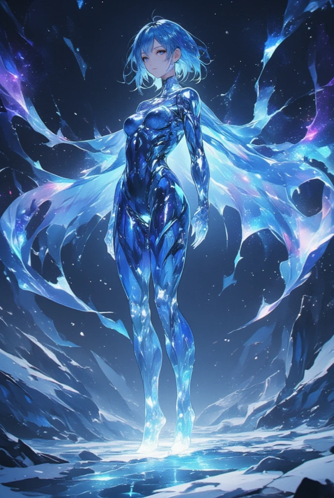 SFW:1.5, 1woman\whole body:1.5\spilit\Spirit\ beautiful woman with ice body \Clear ice body \ beautiful eyes like jewels \ long eyelashes \ beautiful lips, 体のラインを示すwhole bodyタイツ\Ice color, Cape\ Beautiful auroras colors \オーロラのようなCape\Constantly changing\Produce intricate colors \夜空に輝くオーロラのようなCape,  Darkness,  glaciers spread under her feet , Realistic ice の表現, Realistic ice , (((UHD, masterpiece, anatomically correct, super detail, high details, best quality,  highres icon, 8k)))