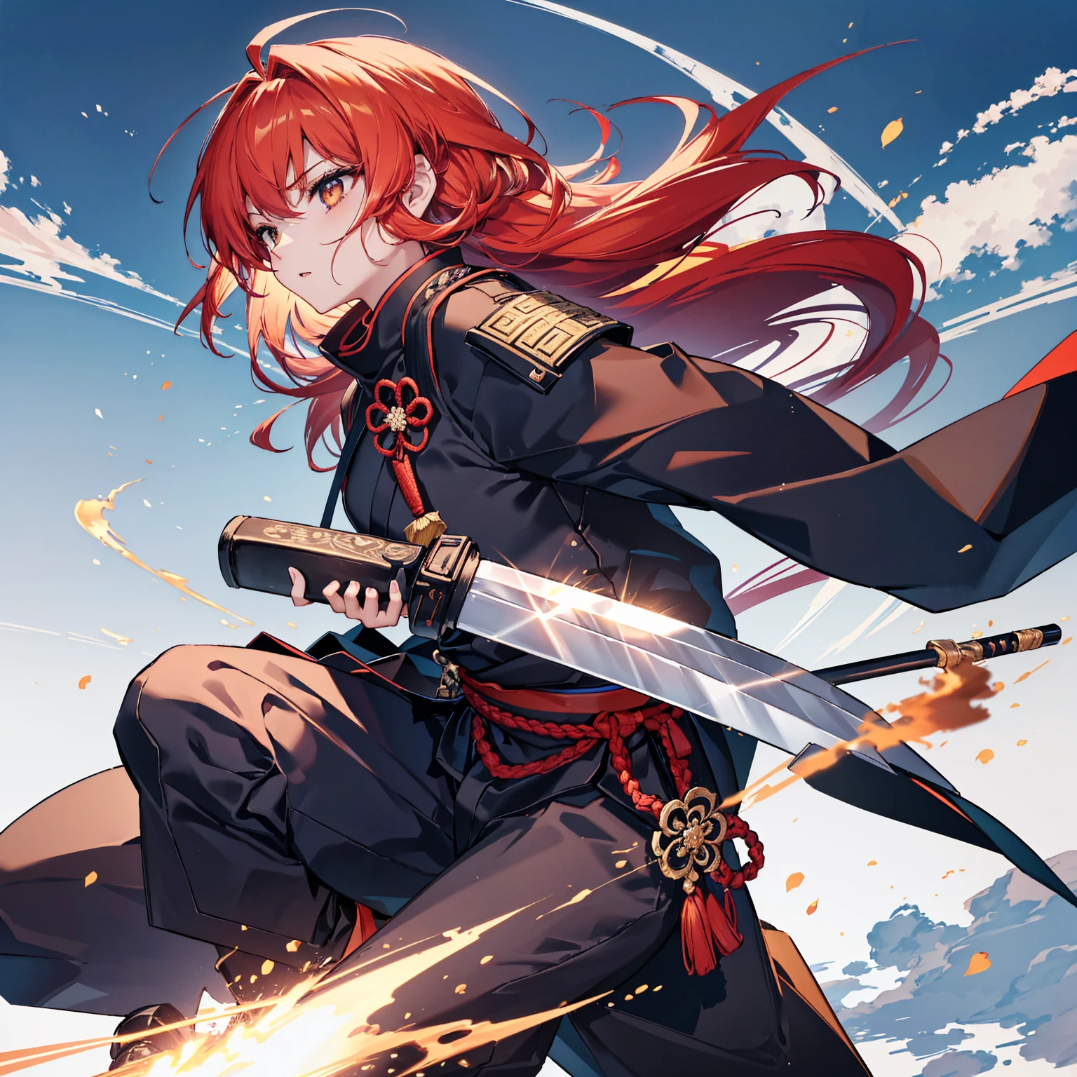   High Quality  , masterpiece,   delicate hair  ,   delicate eyes , High image quality, ((male, ハンサムなmale),) ((鋭い  golden eyes,   No Emotion ,   Bright Red Hair  ,   golden eyes, Mysterious appearance  , Muscular)), (( perfect samurai pose  )), ((剣の抜knife術,  Sideways posture )), ((Iaido,,  trying to pull out a sword )), ((   with both knees lightly bent   )), ((  forward leaning position)), (( battle ready  )), (( Dynamic action poses )),   black shirt  ,   black pants , (( knife、Comes with a black scabbard  )),  Kendo Master  , White background,   detailed anime style illustration, Sharp expression,   has a calm expression  , (( her hair is fluttering in the wind)), (( Flowing Hair )), ((Wind effects)), ((motion lines)),   very detailed 