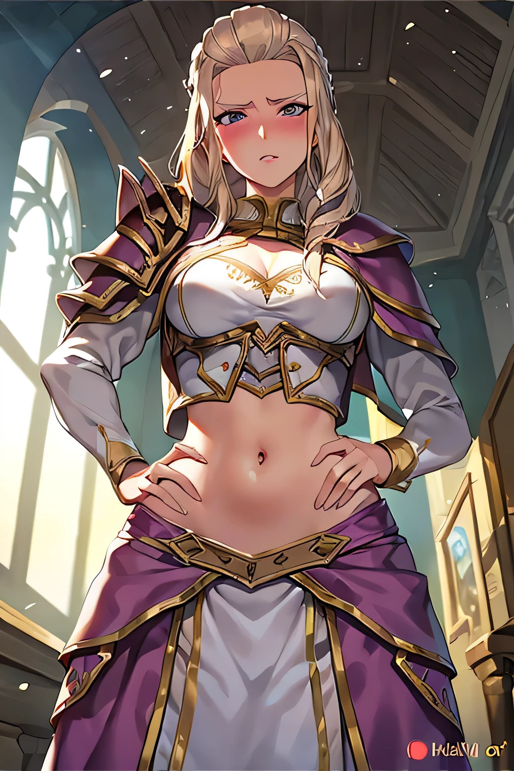 super fine illustration, vibrant colors, masterpiece, sharp focus, best quality, depth of field, ultra detailed, 1girl, solo, blush, purple waist cloth, long sleeves, armor, warcraft, world of warcraft, WOW, jaina proudmoore, looking down, blonde hair, armored dress, white skirt, makeup, red lips, chestnut mouth, jainaproudmoore, hand on own stomach, hall, medieval, annoyed, low waist, cropped torso, petite