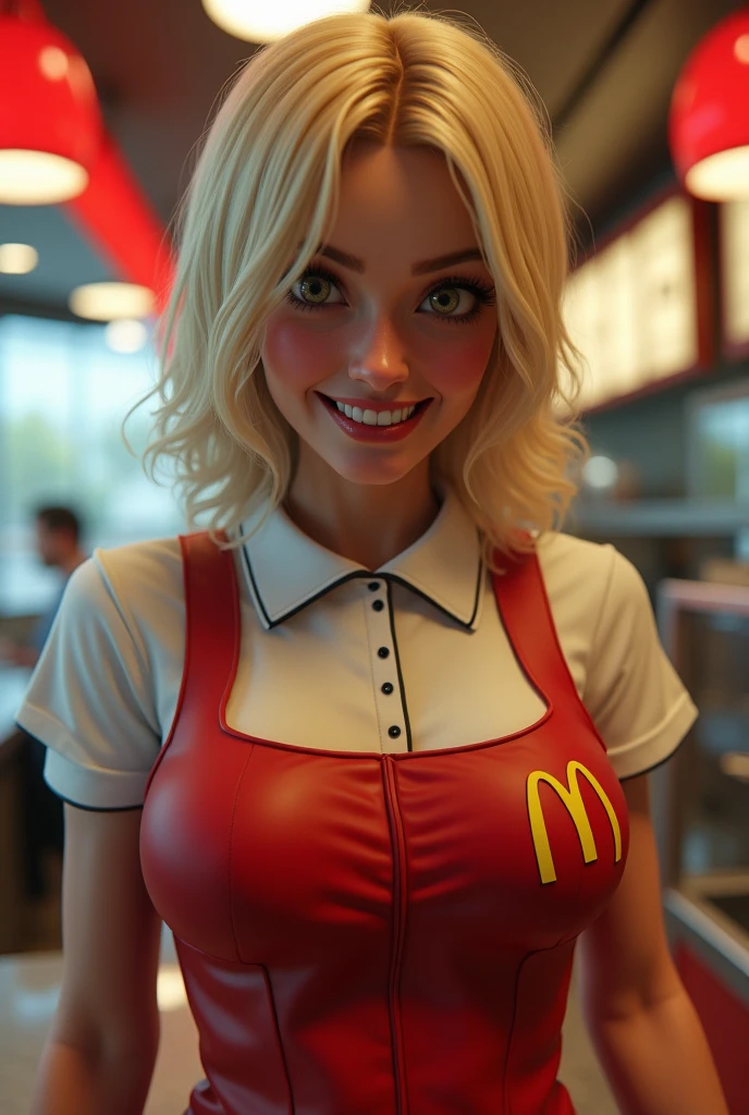 a cute woman working at a fast food restaurant called 'Bimbos', all the food items have a boob theme, the restaurant staff are wearing bikinis and high heels, 1girl, beautiful detailed eyes, beautiful detailed lips, extremely detailed face, long eyelashes, photorealistic, 4k, high quality, ultra-detailed, hyper realistic, vibrant colors, warm lighting, detailed textures, boob-themed food, bikini and high heels uniform, restaurant setting, detailed interior design