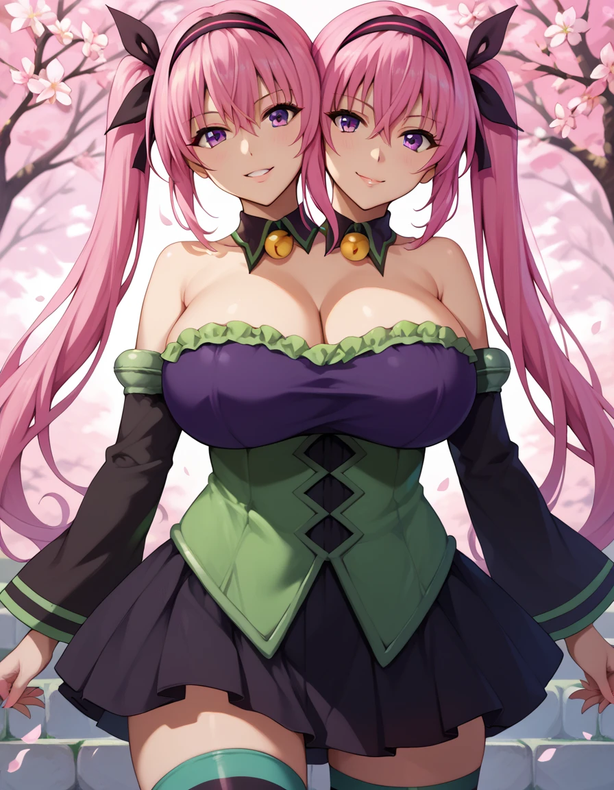 score_9_up, score_8_up, score_7_up,score_6_up, score_5_up, score_4_up , 1girl, solo, twoheads, 2heads, huge breasts, nanadevil, nana asta deviluke, long hair, twintails, purple eyes, pink hair, hair ribbon, detached collar, jewelry, bare shoulders, multicolored clothes, detached sleeves, striped thighhighs, tlrmomo, pink hair, hair ornament, hairband, black and green dress, detached collar, detached sleeves, black skirt, striped thighhighs, flirting, cowboy shot, cherry blossom background