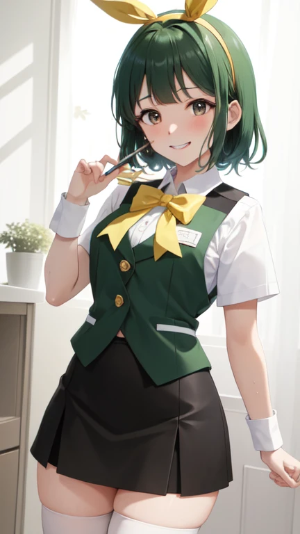masterpiece, best quality, absurdres, perfect antomy, 1girl, solo, Otonashi Kotori, short hair, hairband, thighhighs, black skirt, pencil skirt, yellow bowtie, white shirt, green vest, standing, cowboy shot, smile