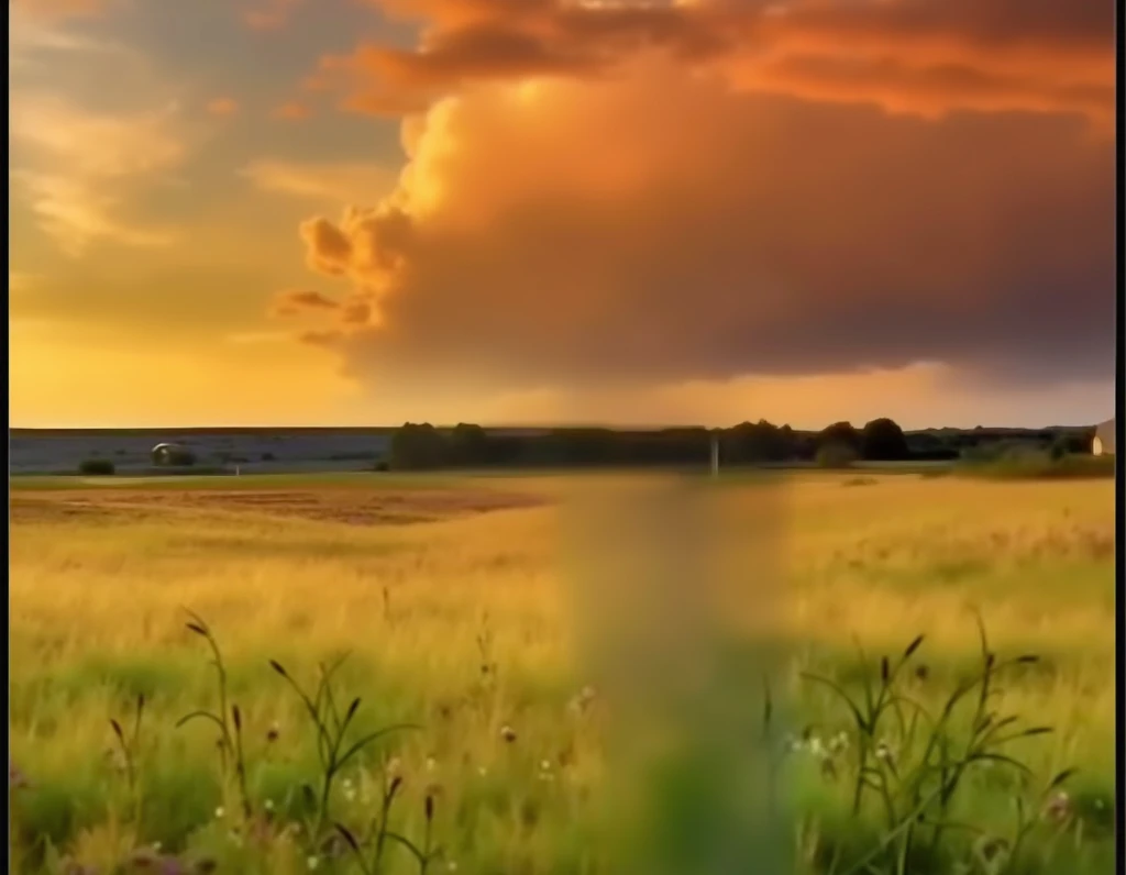 Landscape of a golden hour in fields, cloudy weather, aeroplane in the air, realistic, 8k
