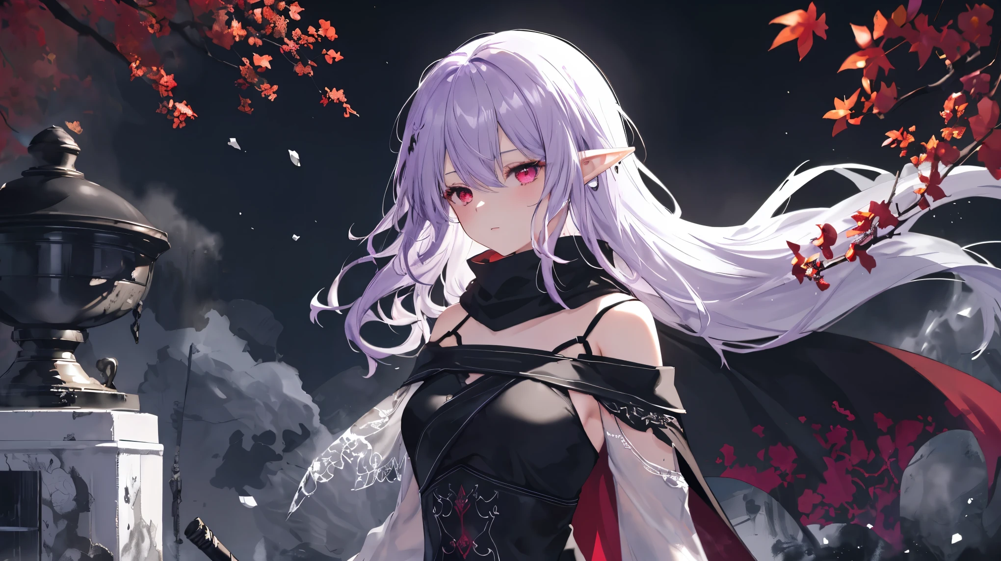        High Quality , masterpiece,   delicate hair  ,     Delicate Eyes Full of Determination   ,   delicate hair  , ((masterpiece, 最       High Quality )),        High Quality , masterpiece,   delicate hair  ,     girl  ,(  purple hair)),((red eyes)), Daikon,Long Hair,Elf Ears,(    Black Longsword     ), (( off-shoulder )), (loose Long Hair),((Black Cape)), (Red Stove      ),scarf,Moon in the Sky, knight ,   Floating purple flower autumn ,        Strong Shadows      ,Ash,,ice,((Ink wAsh painting)),((ink splAshing)),((color splAshing)),