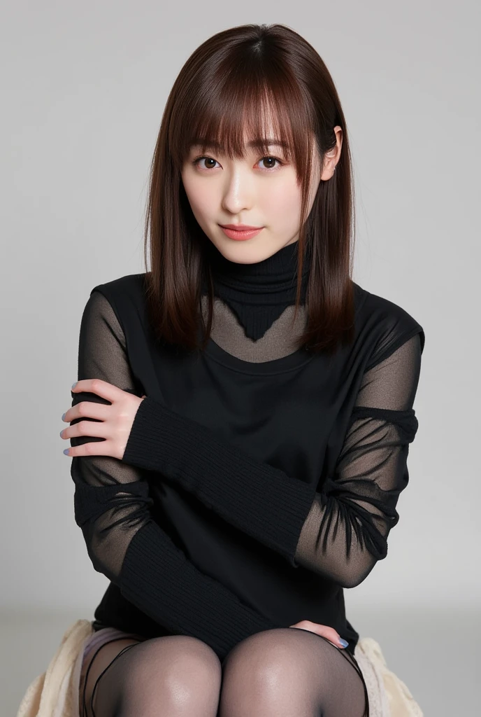 8k, RAW Photo, Best Quality, Masterpiece:1.2),(Realistic, photo-realistic:1.37), Super Detail, She is wearing tight thin fitting transparent black long sleeve turtleneck , no pants, transparent black pantyhose, cinematic lighting, ecstacy face, monotone background, facing front, smiling, portrait, dressed up to the belly button, dressed up to the neck
