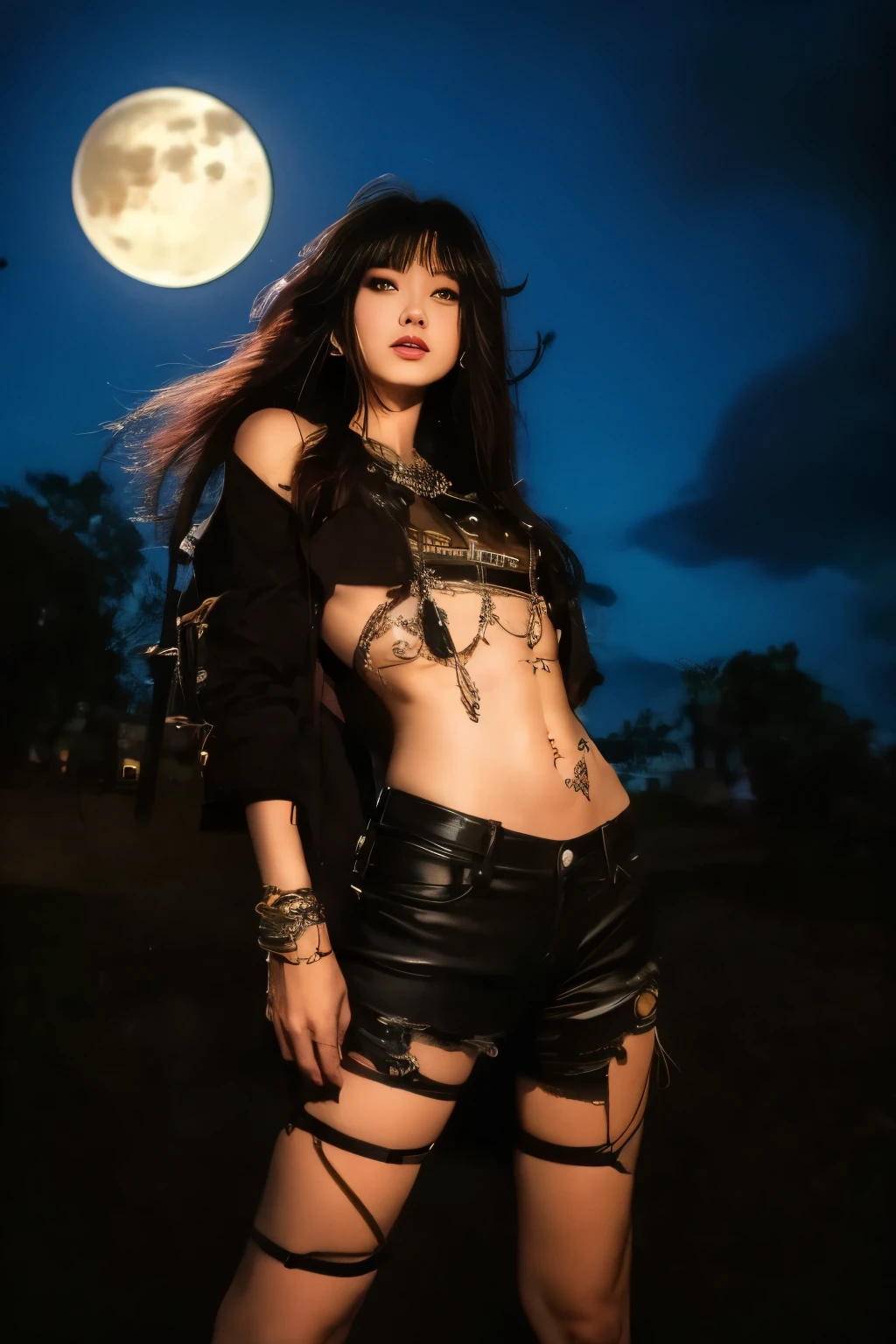 Best Quality,Masterpiece,Ultra High Resolution,(Realisticity:1.4),Original Photo,Cinematic Lighting, 1girl, solo, Metalhead Style girl at night under the moonlight, Hot Body, ABS, tattooed, wearing ripped black pants, black clothes, fit body, heavy metal style, heavy metal art style, heavy metal concert background. realistic, datailed, detailed face, 4K.