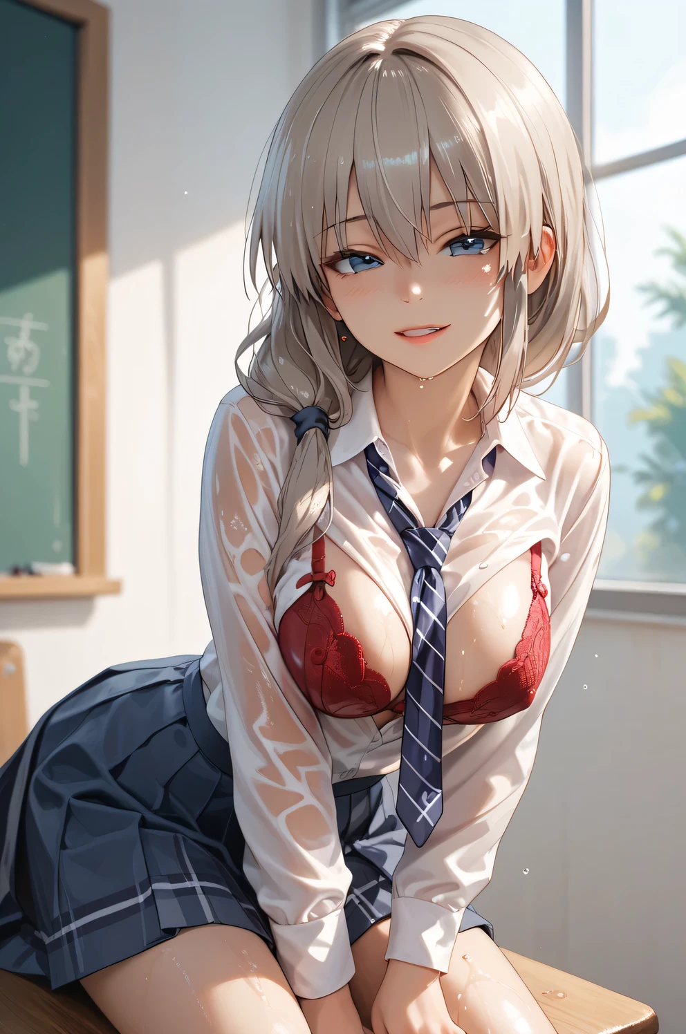 1 beautiful woman, Beautiful Office Lady, slender body, realistic, very detailed CG 統合 8k 壁紙, very detailed, High resolution raw color photos, professional photos, realistic portrait, cinematic light, beautiful details, (beautiful breasts:), (cleavage:1.2), (White shirt with wide open chest:1.5), (extremely short skirts:1.3), pantyhose, panties, squat, indoors, Sales Office, (最high quality:1.4), Super detailed, high quality, table top, (view from below:1.5)、slight smile、short hair、((White wet light underwear))、