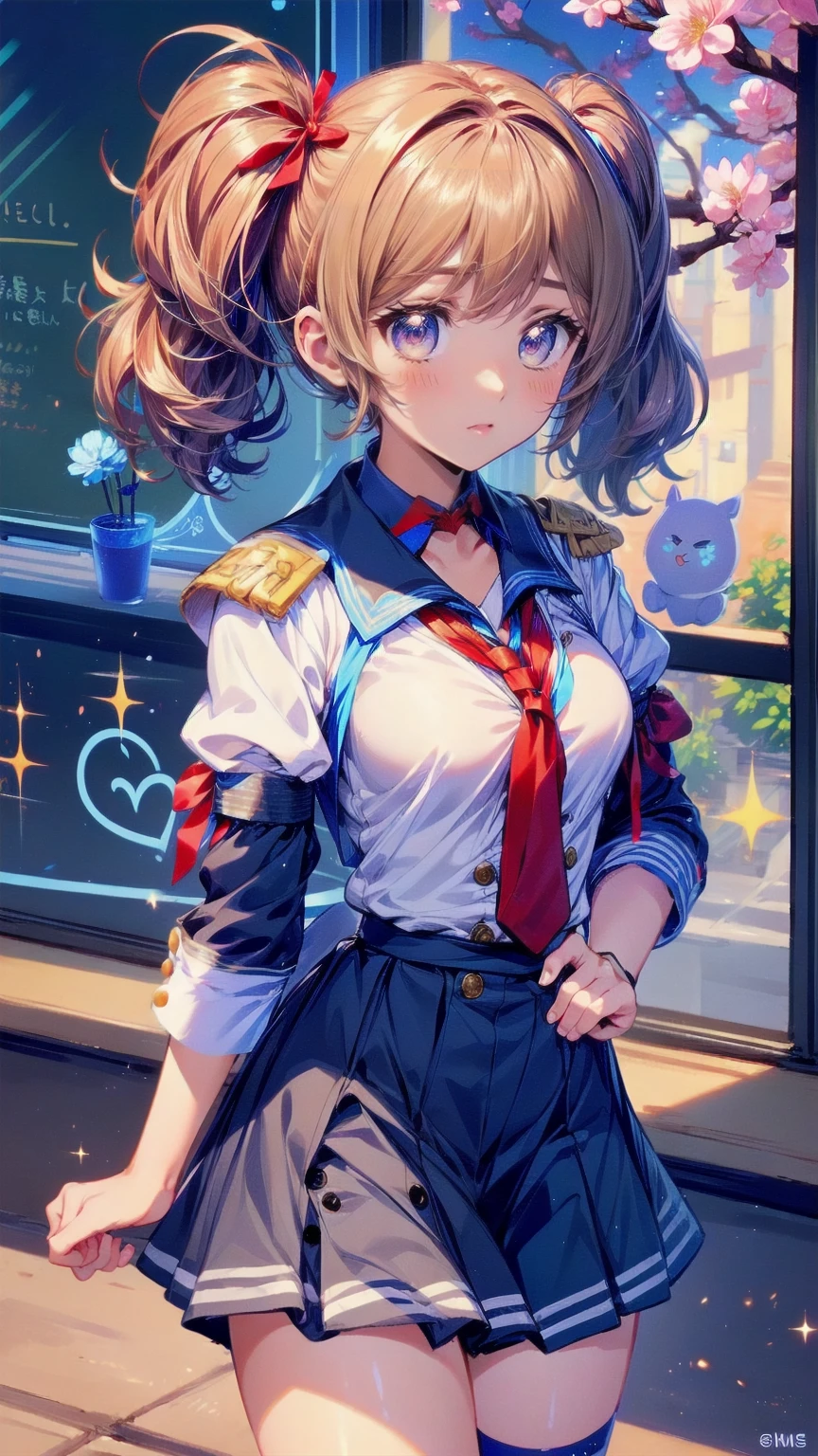 (masterpiece: 1.2), ( best quality: 1.2),  best resolution ,  Very detailed. break. (( cute anime girl in a cute uniform )), Pure girl, (1, Active, : 1.3),  bright smile, Cheerful girl, Twin tails with ribbon, Sparkling Eyes, Slender body, ( best quality: 1.2),  very high resolution ,  Very detailed.  's expressive eyes ,  Beautifully Detailed Lips ,  high-resolution, detailed hair ,  perfect face,  , Delicate hands,  perfect lighting. break. (( cute sailor suit with heart shaped buttons)), ((White blouse with puff sleeves, Blue Collar,  red tie: 1.3)),  pleated skirt to watch the sunrise,  knee-high socks,  mary jane shoes. break. ( High school classroom), machine,  blackboard , School supplies, Cherry blossoms outside the window, Gentle sunlight, (Cowboy shot composition : 1.2)). break. ((positive: 1.3)).break.  digital animation art ,  cute cartoon style illustration .