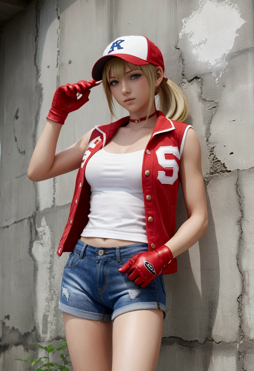 (8k), (best quality), (masterpiece:1.2), (realistic), (photorealistic:1.37), (ultra-detailed), 1girl, terry bogard girl, blonde hair, ponytail, blue eyes, long hair, baseball cap, fingerless gloves, denim shorts, shoes, Natural skin, perfect hands, five fingers, (detailed eyes:1.2), (detailed face:1.2), (realism:1.2), (best quality), (ultra quality), (intricate), (85mm), light particles, lighting, full body, (highly detailed:1.2), (detailed face:1,2), (gradients), sfw, colorful, (detailed eyes:1.5), (detailed background), (rule of third_composition:1.3), (Line of action:1.2), daylight, solo