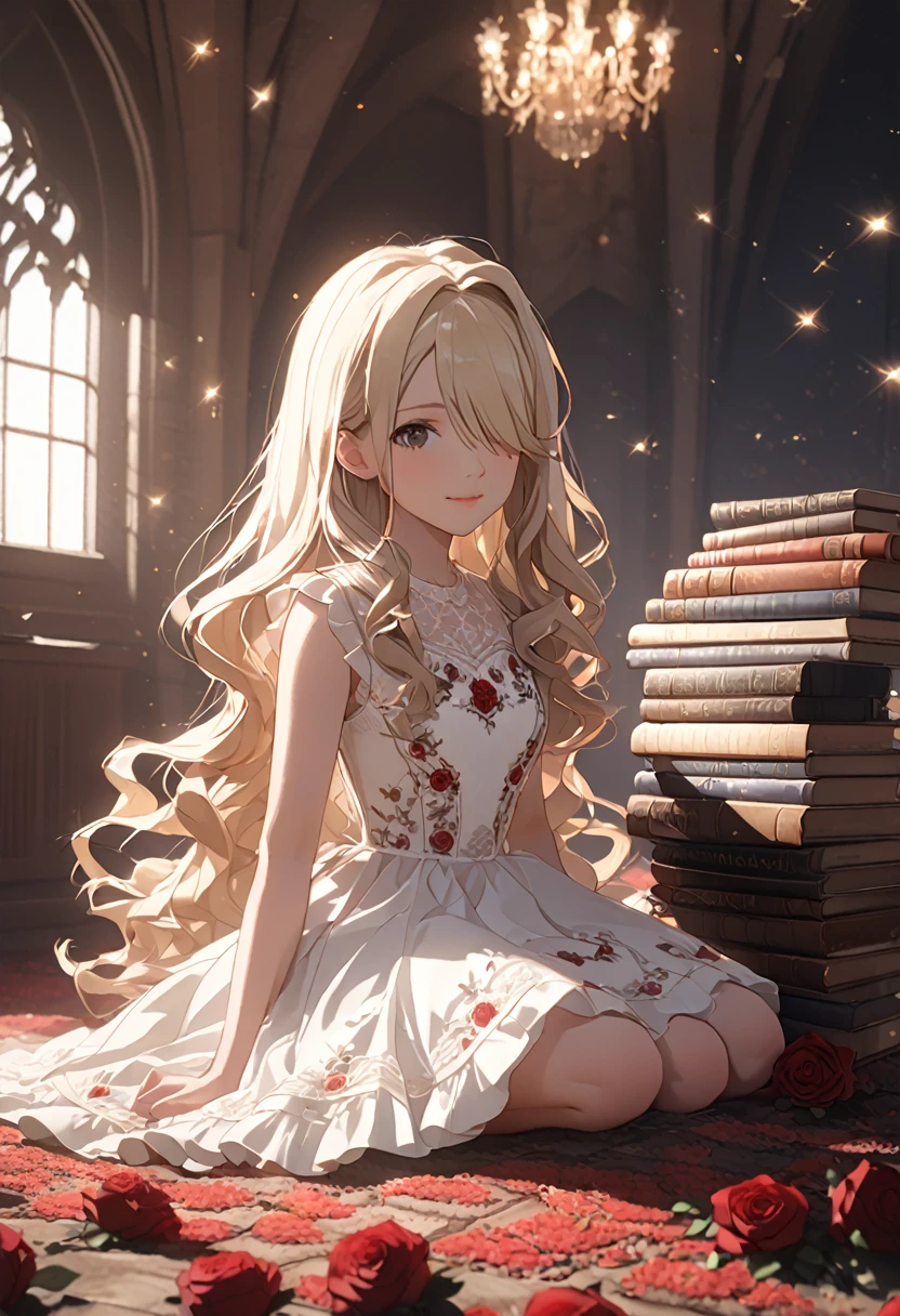 ((masterpiece)), (Anime:1.5), (( best quality)), ( RAW Photos:1.2), ( High Definition :1.3), ( professional photo shoot:1.2), ( Color Difference),  1 girl ,  Lens Flare,  wide shot, textured skin,  cinematic lighting ,  1 girl , ((  Beautiful Gothic Lolita Pure White Dress)), (Very hoop-dress), Luxury Rose Embroidery,  cute innocent young girl , (( hair over one eye )), Slim and small chest, (Long silky blonde hair), ( Gothic Lolita Makeup Sitting on a Pile of Books ), ( super detailed), Beautiful Hair, smile, (Cute sparkle), Particles of light,  There are people standing around , (Red rose garden)