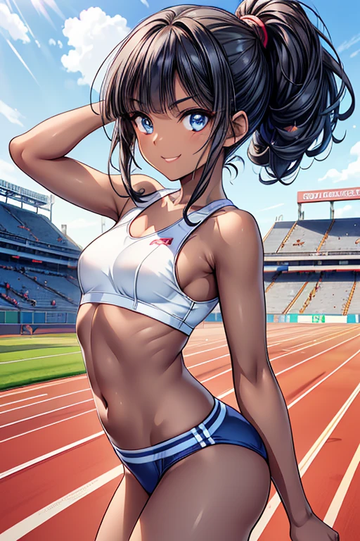 //Character (1girl), track and field athlete, perfect body, tanned skin, slim curve, medium large breast, ultra detailed face, super beautiful, innocent, cute girl, thin eyeblow, rond face, smiling full of compassion, half opened mouth, kissing face,beautiful short hair, tying up style BREAK //Fashion uniform of athletic uniform, it consists pale pink racing bras with white rims and gray racing brief, dark navy athletics shoes , the uniforms are tight, BREAK at a studium , at noon , sunny day Break lifting top up , underboob, embarrassed, 8k, masterpiece, ultra detailed,