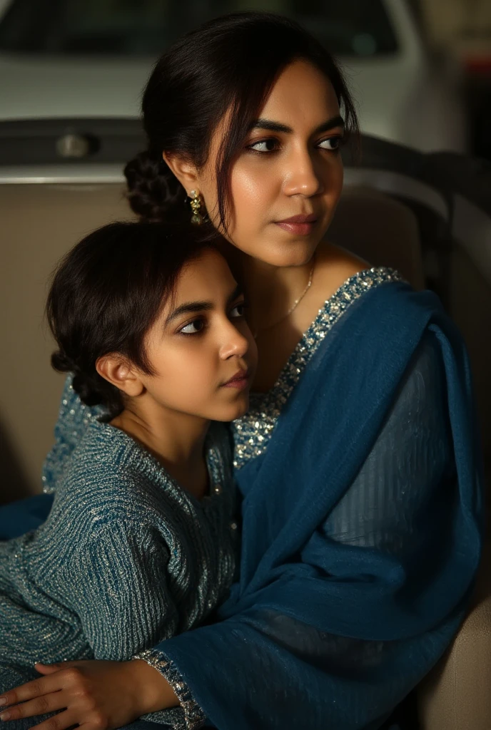 40 year old indian woman, wearing kurta slack, sitting on lap of 1 boy, Back seat of the car, at night, realistic, intricate details, beautiful 