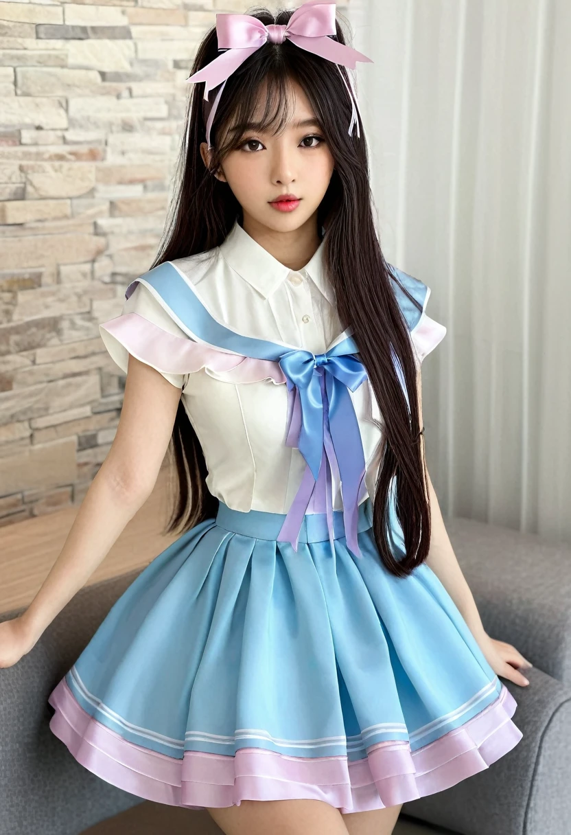 ((high quality:1.2)), work of art, (8k), extremely detailed, ((High detail:1.2)), ((best resolution:1.4)), Solo, 24 years old Korean Ulzzang female, ((gift ribbons outfit)), 