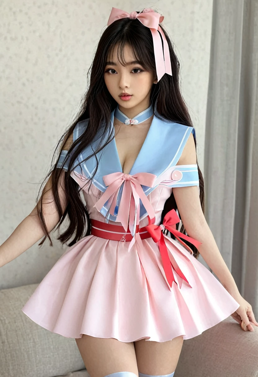 ((high quality:1.2)), work of art, (8k), extremely detailed, ((High detail:1.2)), ((best resolution:1.4)), Solo, 24 years old Korean Ulzzang female, ((gift ribbons outfit)), 