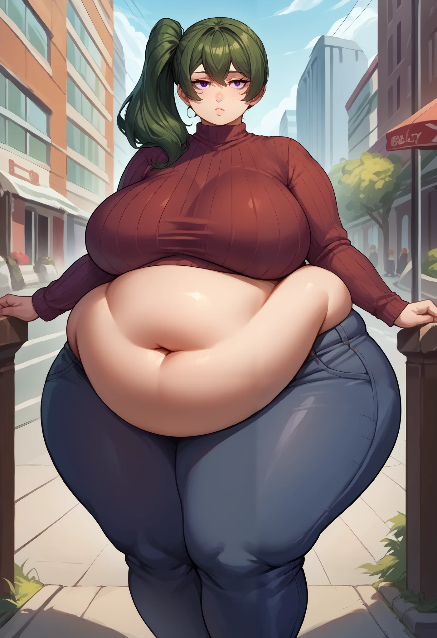 score_9, score_8_up, source_anime, 1girl, solo, UbelFrieren, purple eyes, dark green hair, medium hair, side ponytail, sweater, ribbed sweater, long sleeves, high-waist pants, outdoors, city,  thighs, sfw, huge breasts,huge hips,huge belly, Saggy Belly, fat belly,