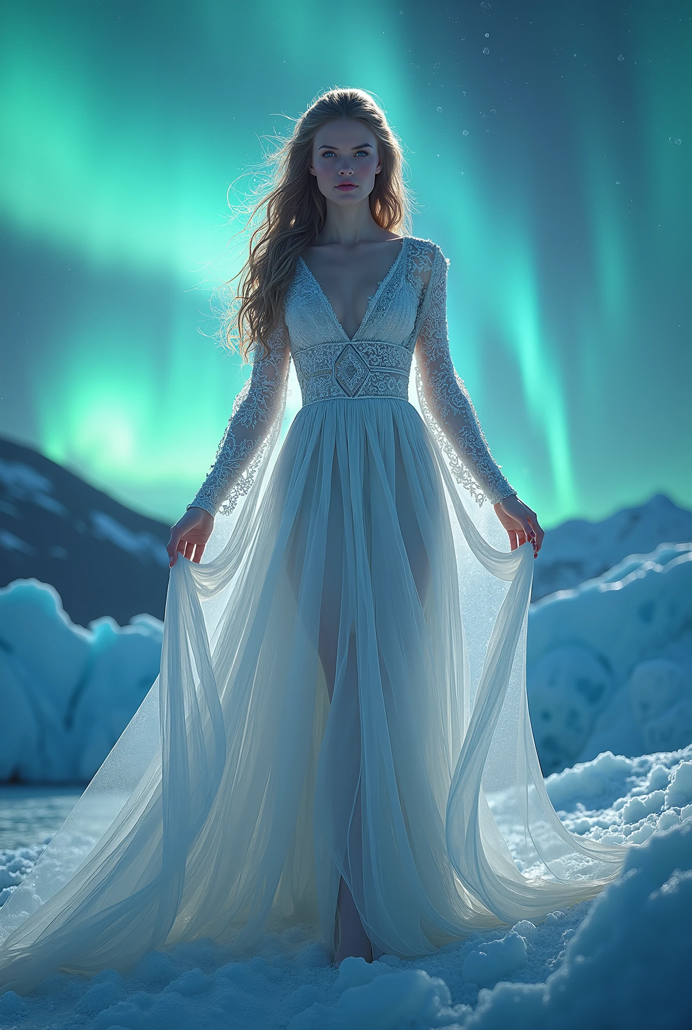 (masterpiece,Outstanding quality,Mirror finish, Cinematic Experience,furiously detailed , absurd),8k,16k,wallpaper, aurora above glacier,1 female,whole body, Beautiful Women, beautiful face,(Goddess of Light:2.0),(Front:2.0),(A woman in beautiful clothes :2.0),(女性はwhole bodyがオーロラの光に包まれている),Portrait of a Goddess, digital art,( cowboy shot:2.0),(背景は aurora above glacier:2.0)