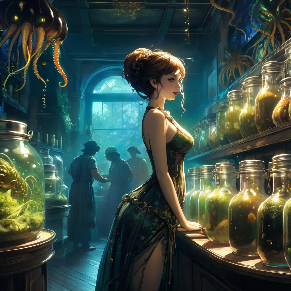 a sexy girl in a sexy dress tends the store at the counter, fantastic store, Fantasy world, dark, disturbing, strange, unnatural, (Rembrandt Lighting: 1.3) light particles, lens flares, store with several tentacles inside large jars, , a woman shopping, live tentacles for sale inside jars, side chest, forest cat on stage, close-up of the upper part of the body, artistic masterpieces that will go down in history, fantastic backgrounds, memorable scenes, fantastic angles (masterpiece : 1.2), (best quality: 1.2), intricate details, newest, AI generated (Bill Sienkiewicz inspired art, intricate details, oil painting)