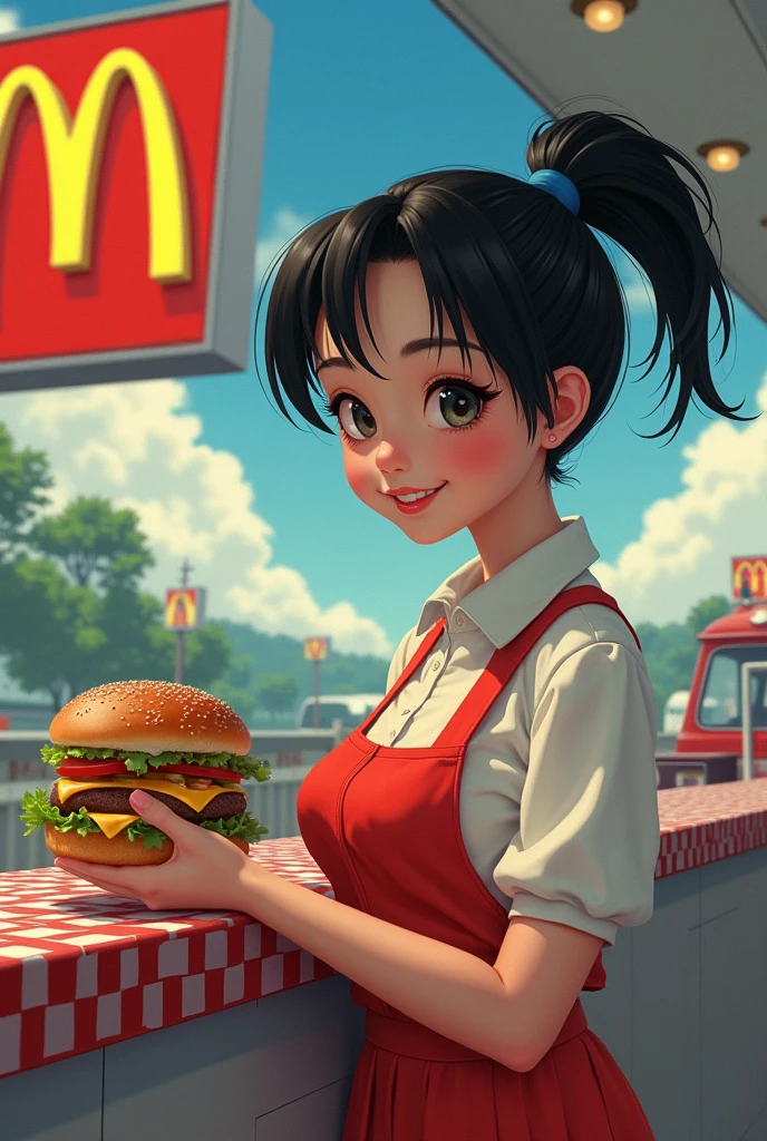 Masterpiece, Best Quality, Super Detailed, High Definition, Expensive Resolution, HDR, Masterpiece, Realistic, Depth, Fine Texture, Super Fine, Complete concentration, (very beautiful anime woman), perfect face, Fast Food girl, (full detail Fast Food employee uniform, Fast Food hat), aqua eyes, light smile, pink lips, mascara, Long eyelashes, eyeliner, (Carrying food ready to serve), straight hair, very long hair, gradient hair, shiny hair, Extremely detailed realistic clothing, (white and black colour schemes), In a fast food restaurant, charming, studio lighting, bright colors, intricate details, volumetric lighting, iridescent colors, glowing lighting, atmospheric lighting, lens flare, Cinematic light, colorful light, particles, medium shot