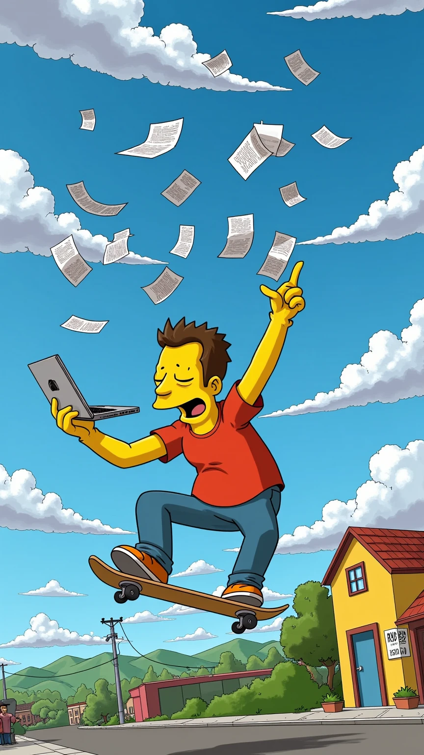 A hyper-realistic caricature of a man with an oversized head, riding a skateboard and joyfully throwing a laptop, an iPhone, and many papers into the air. The man is not a Simpsons character but exists in the vibrant Simpsons universe, surrounded by the iconic yellow-toned environment, a blue sky, and fluffy clouds. His exaggerated head adds a humorous touch, blending hyperrealism with cartoonish energy.