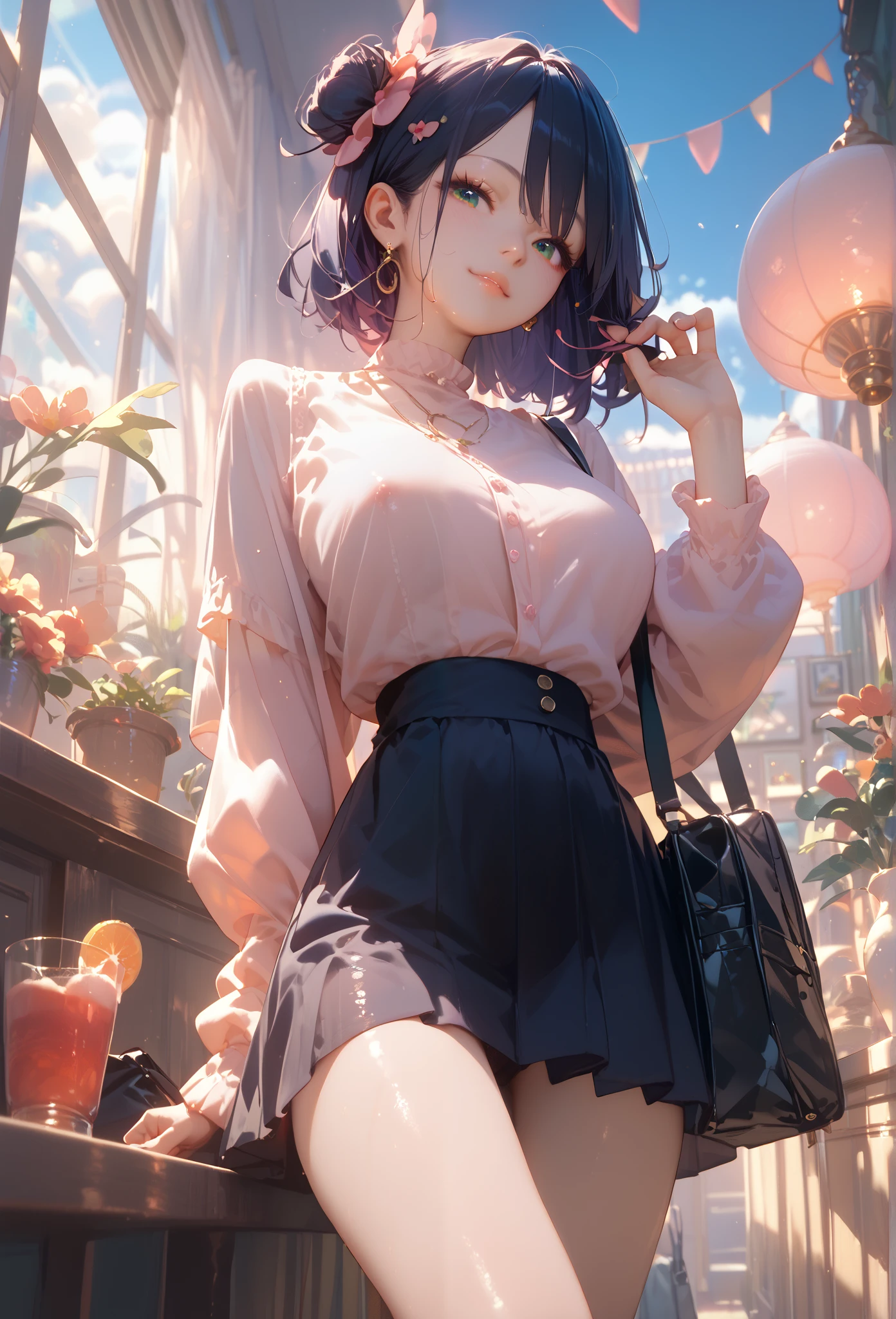 black long hair, pink highlights, pail skin, cross necklace, black rock shirt, black mini skirt, black platform boots, in a restaurant booth, city lights, kawaiitech, pastel colors, kawaii, cute colors,((flat chested, flat stomach, baby face)), (intense colors)