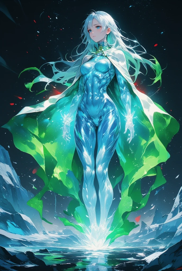 SFW:1.5, 1woman\whole body:1.5\spilit\Spirit\ beautiful woman with ice body \Clear ice body \ beautiful eyes like jewels \ long eyelashes \ beautiful lips, 体のラインを示すwhole bodyタイツ\Ice color, Aurora's cloak :1.3\ that cloak is the aurora itself:1.4\Beautiful Aurora:1.4\white、red、 the beautiful color of green is mixed \ An aurora-like cloak\ The color changes constantly \Produce intricate colors :1.3\夜空に輝く An aurora-like cloak:1.5,  Darkness, (( glaciers spread under her feet :1.3, Realistic ice の表現:1.3, Realistic ice )), (((UHD, masterpiece, anatomically correct, super detail, high details, best quality,  highres icon, 8k)))