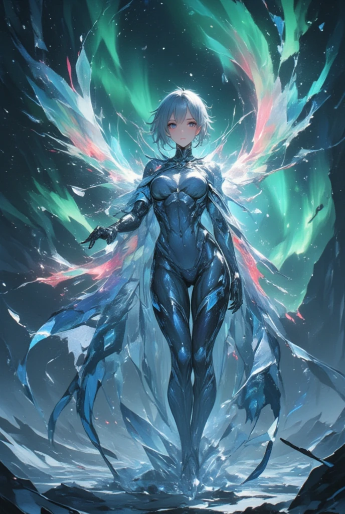 SFW:1.5, 1woman\whole body:1.5\spilit\Spirit\ beautiful woman with ice body \Clear ice body \ beautiful eyes like jewels \ long eyelashes \ beautiful lips, 体のラインを示すwhole bodyタイツ\Ice color, Aurora's cloak :1.3\ that cloak is the aurora itself:1.4\Beautiful Aurora:1.4\white、red、 the beautiful color of green is mixed \ An aurora-like cloak\ The color changes constantly \Produce intricate colors :1.3\夜空に輝く An aurora-like cloak:1.5,  Darkness, (( glaciers spread under her feet :1.3, Realistic ice の表現:1.3, Realistic ice )), (((UHD, masterpiece, anatomically correct, super detail, high details, best quality,  highres icon, 8k)))