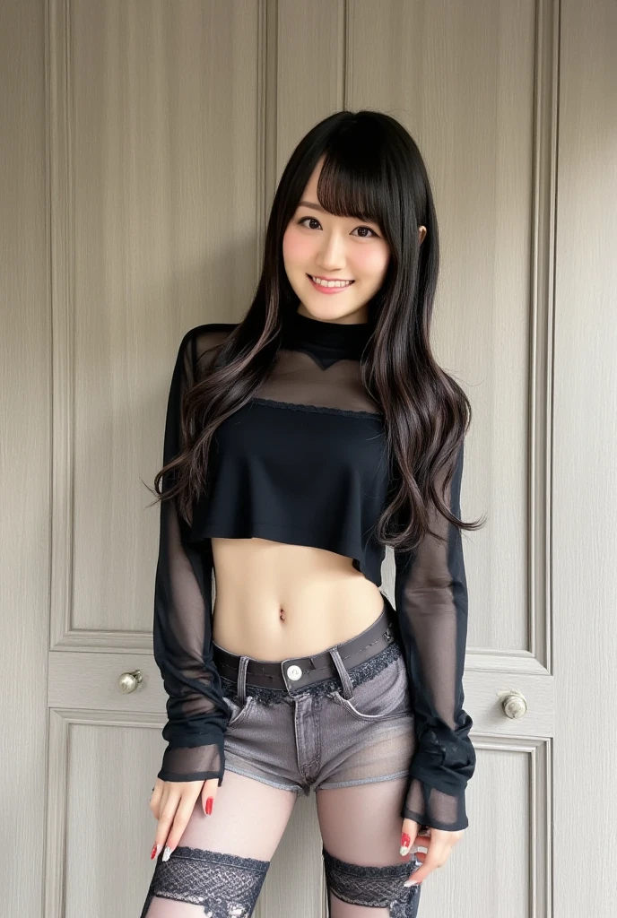 8k, RAW Photo, Best Quality, Masterpiece:1.2),(Realistic, photo-realistic:1.37), Super Detail, She is wearing tight thin fitting transparent black long sleeve turtleneck , no pants, no skirts, transparent black pantyhose, cinematic lighting, ecstacy face, monotone background, facing front, smiling, portrait, dressed up to the belly button, dressed up to the neck
