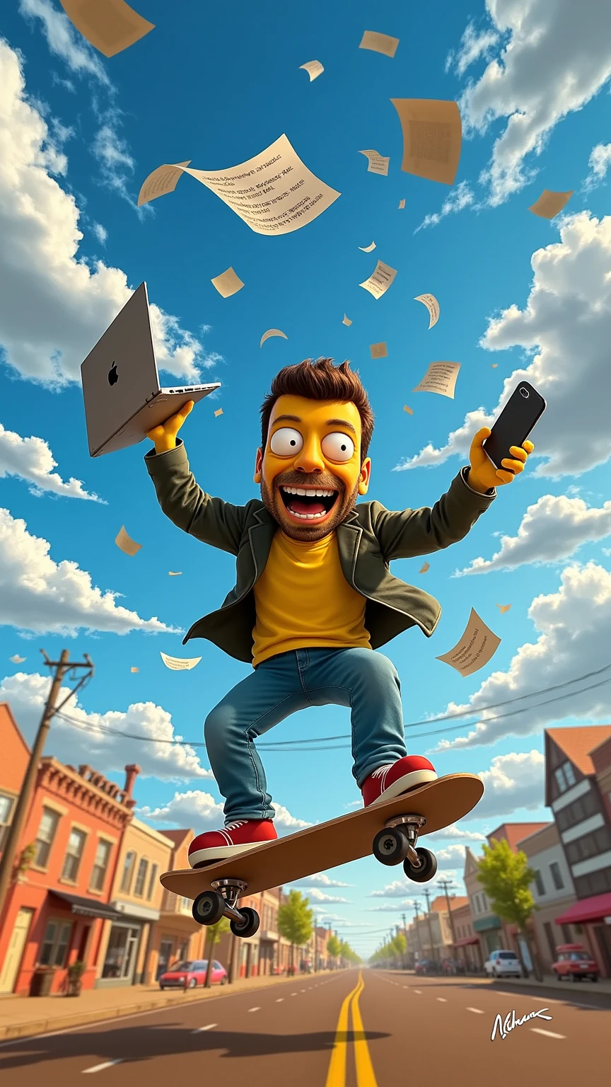 A cinematic and dynamic scene in The Simpsons universe featuring a hyper-realistic man with lifelike skin tones and an oversized, caricature-like head. The man rides a skateboard at high speed, joyfully throwing a laptop, an iPhone, and a flurry of papers into the air. Motion blur and dramatic lighting create a sense of speed and energy. The vibrant Simpsons environment with a blue sky and fluffy clouds contrasts with the realistic textures of the man, making the image spectacular.
