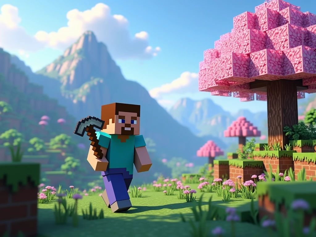 A Minecraft world with Steve on his back with a pick in his hand and a cherry biome on a mountain in the background