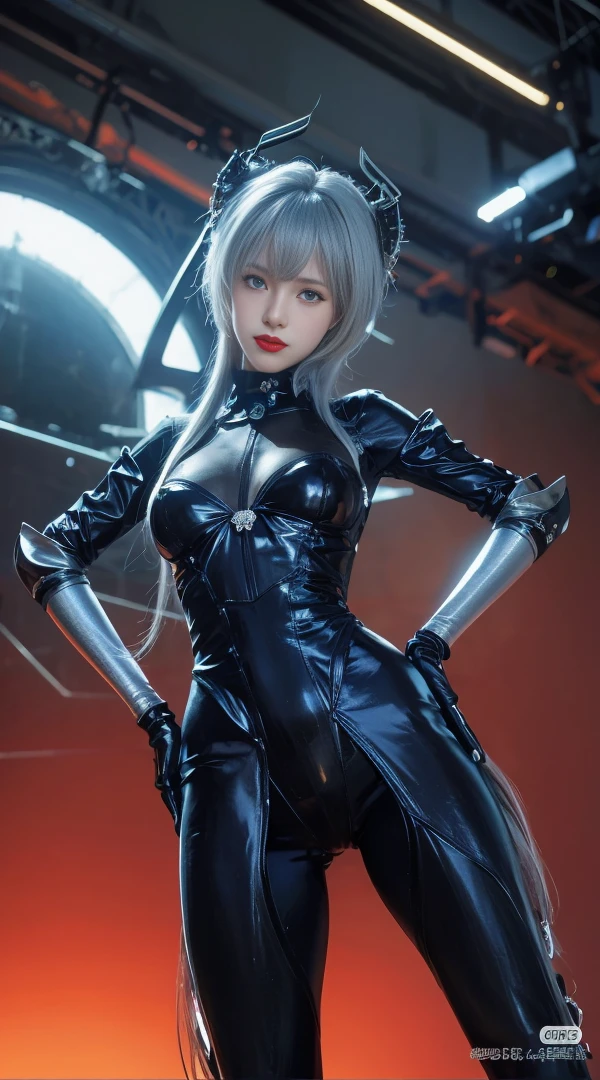 ((masterpiece, highest quality, High resolution)), she is about 20 years old、Anemone、goddess、height: 165cm、big breasts、Breast augmentation、Pink and blue soft short cut blonde hair,delicate face,Black latex zentai suit with open neckline,thigh-length long boots,cyber punk,She is slender and、has a beautiful appearance。She sits with her legs spread in an M shape,Pose from the front with legs apart。Her arms are tied behind her back。art的でHigh resolutionです、art