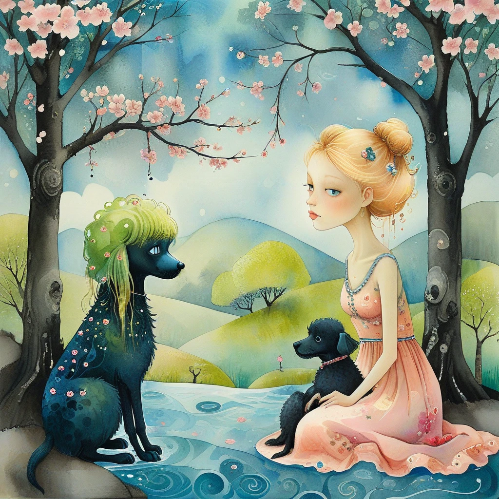 Amanda Clark, Zdzisław Beksiński, Jacek Yerka and Yossi Kotler style mix, surreal whimsical, watercolour and ink illustration, wet-on-wet, loose water effects . (Woman with blond hair, blue eyes), sitting peacefully with her black dwarf poodle, beneath exquisite cherry trees adorned with delicate cherry blossoms, holding a decorative paper umbrella, (serene oriental garden background), (soft pinks and greens), hues fluttering in the breeze, (tranquil atmosphere), dappled sunlight filtering through the blossoms,