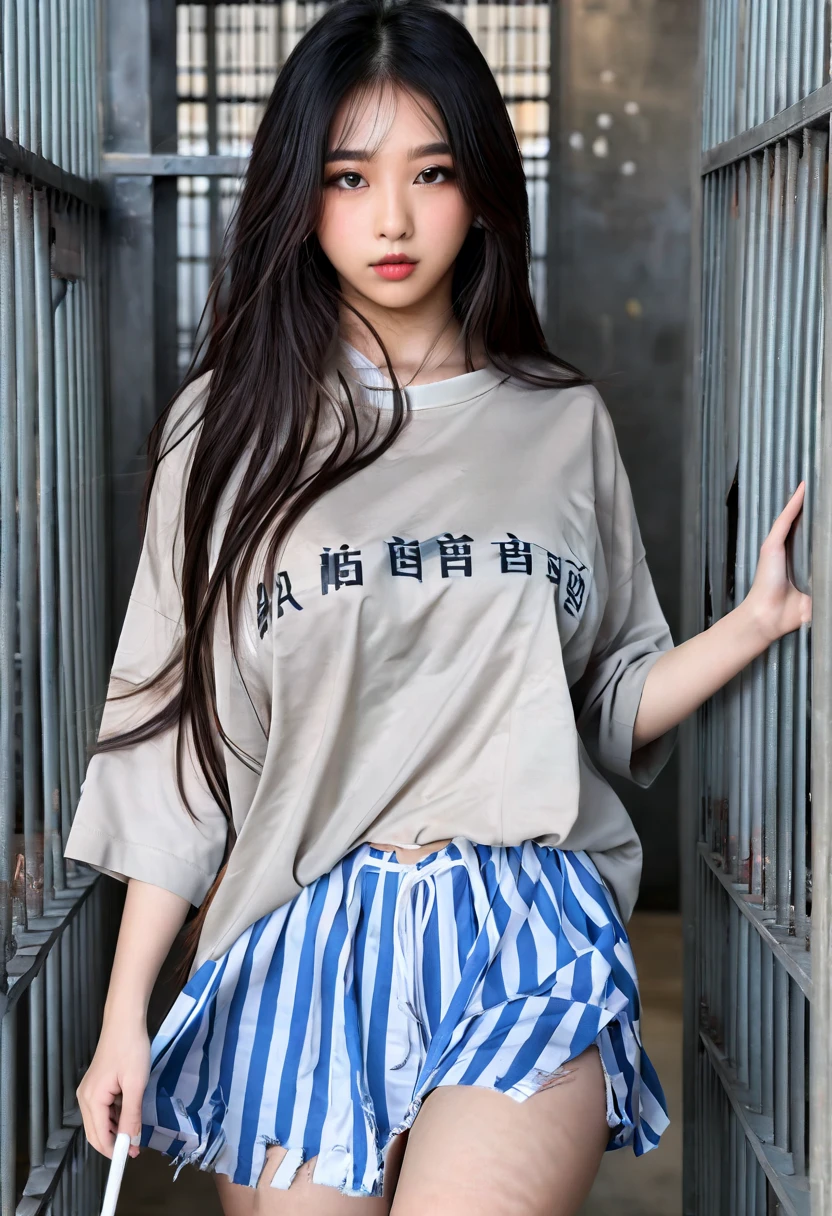 ((high quality:1.2)), work of art, (8k), extremely detailed, ((High detail:1.2)), ((best resolution:1.4)), Solo, 24 years old Korean Ulzzang female, ((torn prison clothes)), 