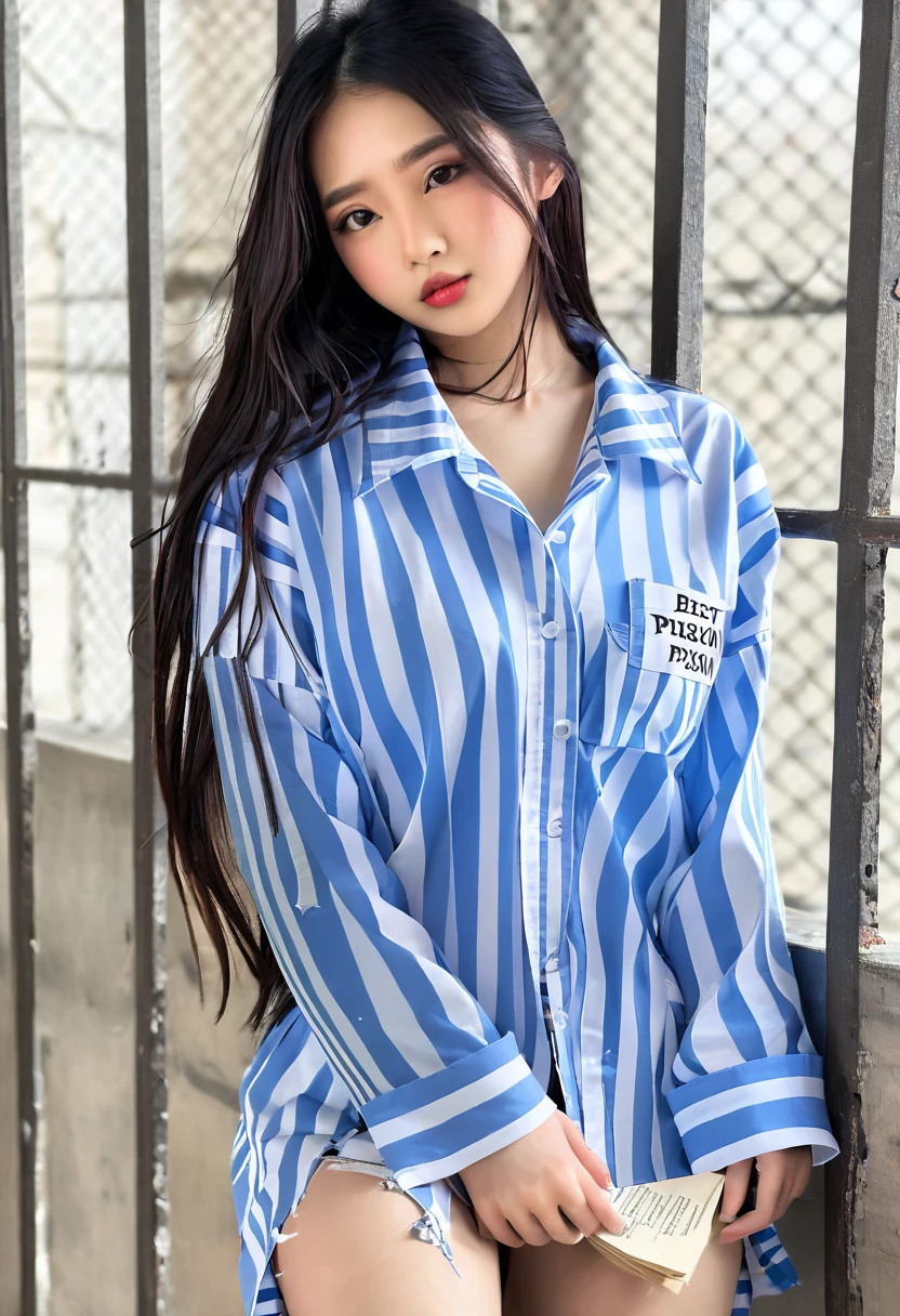 ((high quality:1.2)), work of art, (8k), extremely detailed, ((High detail:1.2)), ((best resolution:1.4)), Solo, 24 years old Korean Ulzzang female, ((torn prison clothes)), 