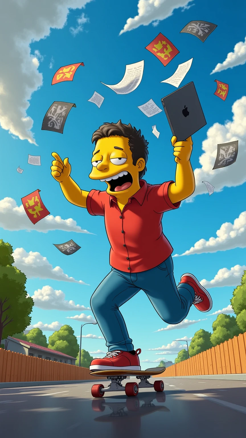 A cinematic and dynamic scene in The Simpsons universe featuring a hyper-realistic man with lifelike skin tones and an oversized, caricature-like head. The man rides a skateboard at high speed, joyfully throwing a laptop, an iPhone, and a flurry of papers into the air. Motion blur and dramatic lighting create a sense of speed and energy. The vibrant Simpsons environment with a blue sky and fluffy clouds contrasts with the realistic textures of the man, making the image spectacular.
