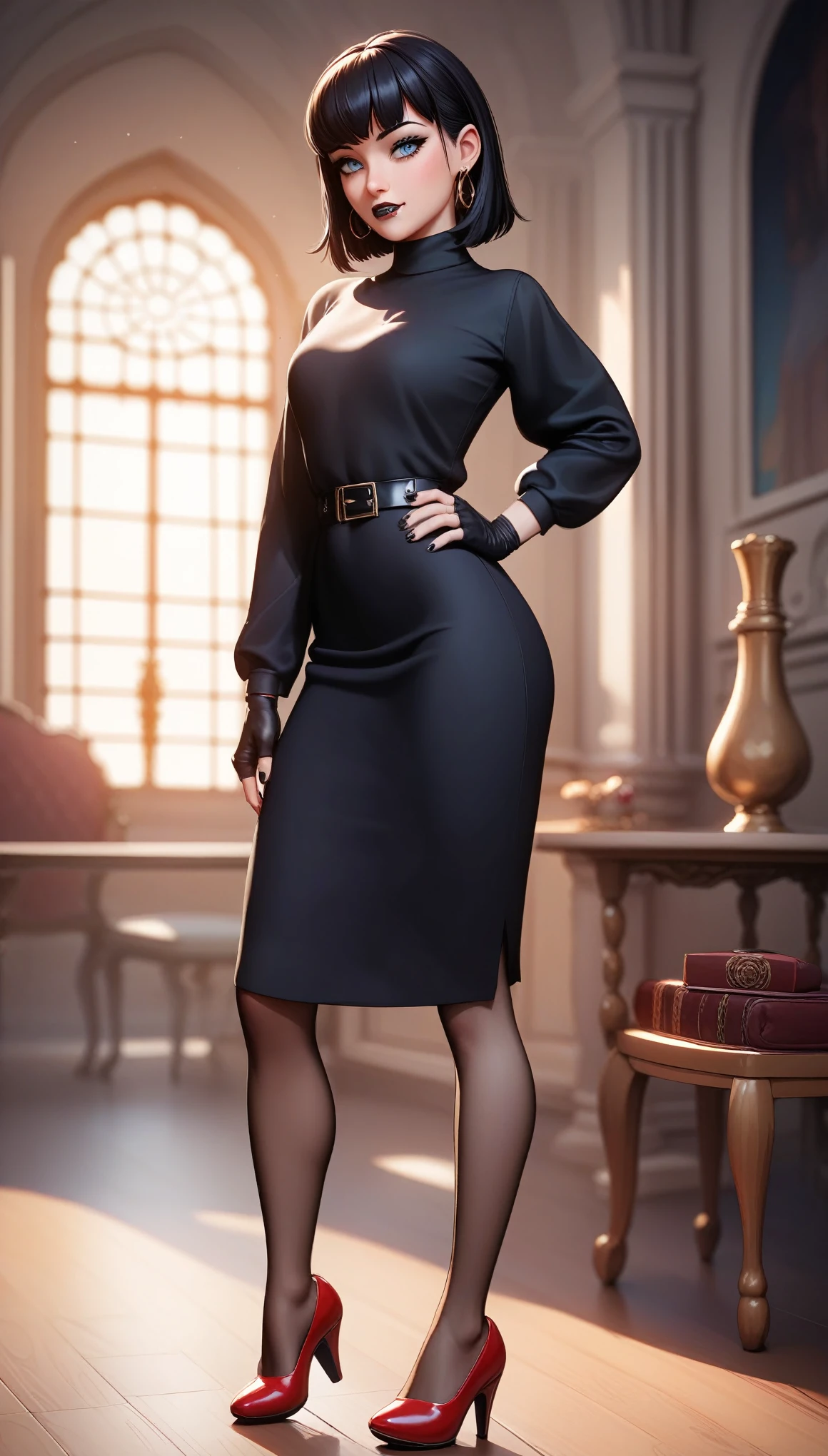 (Perfect Anatomy), Masterpiece, Ultra High Quality, 8k, masterpiece, Highest quality, Ultra-high resolution, Maximum resolution, Very detailed, Professional Lighting, Disney, young female, Mavis Dracula, Mavis is a beautiful young vampire woman with a slim-yet-shapely figure, small fangs, pale-fair skin, light blue eyes and silky black hair kept into a bob with V-shaped bangs. Black lipstick, nail polish and eyeshadow around her eyes.
Wear short-sleeved black turtleneck sweater-dress with red-striped black leggings, and red high-top shoes, fingerless, black tule-gloves which acts as long sleeves for her dress.