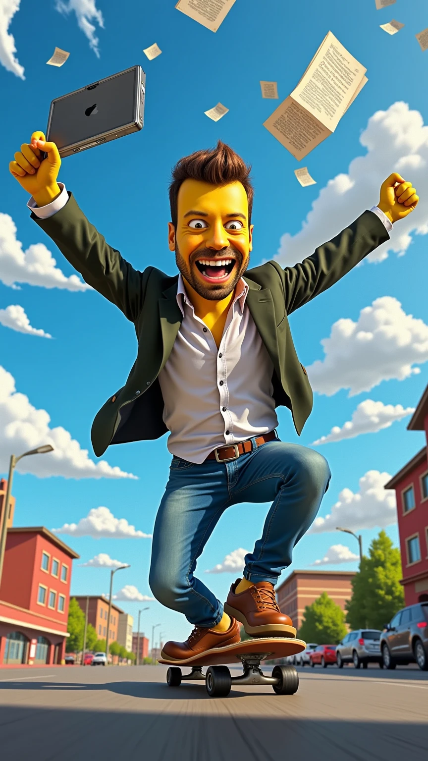 A cinematic and dynamic scene in The Simpsons universe featuring a hyper-realistic man with lifelike skin tones and an oversized, caricature-like head. The man rides a skateboard at high speed, joyfully throwing a laptop, an iPhone, and a flurry of papers into the air. Motion blur and dramatic lighting create a sense of speed and energy. The vibrant Simpsons environment with a blue sky and fluffy clouds contrasts with the realistic textures of the man, making the image spectacular.
