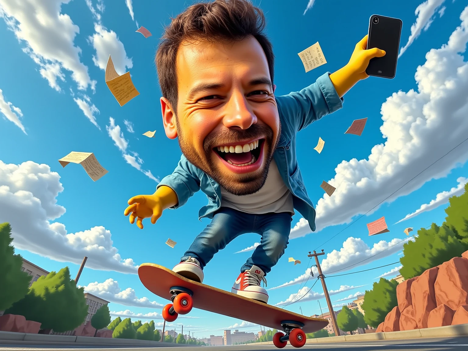 A cinematic and dynamic scene in The Simpsons universe featuring a hyper-realistic man with lifelike skin tones and an oversized, caricature-like head. The man rides a skateboard at high speed, joyfully throwing a laptop, an iPhone, and a flurry of papers into the air. Motion blur and dramatic lighting create a sense of speed and energy. The vibrant Simpsons environment with a blue sky and fluffy clouds contrasts with the realistic textures of the man, making the image spectacular.
