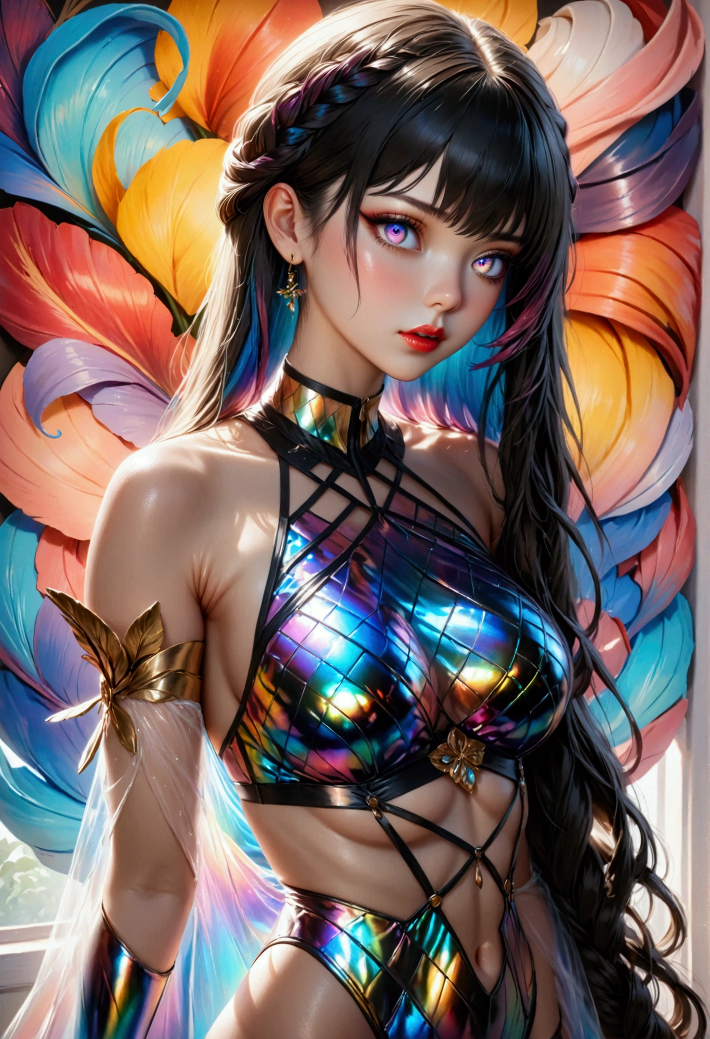 (Bblack hair,colorfully fluorescence multicolored hair:1.5,wavy hair:1.5), (work of art, sidelights, Exquisite beautiful eyes: 1.5), work of art*portraite, realisitic, ((Colorful background of different colors:1.5)),(rosto gentil:1.5),colorfully,3d face,(cute face),from front view: 1.6、 (eerie glowing red eyes:1.2),(tareme:1.5)、(cute smile:1.5),,Fine body, shiny hair, shining skin: 1.5、medium breasts,、standing alone,(stare)、(two tone dress:1.5)、(character focus:1.5、bring、eye focus,cowboy shot)、Bright Atmosphere,details Intricate