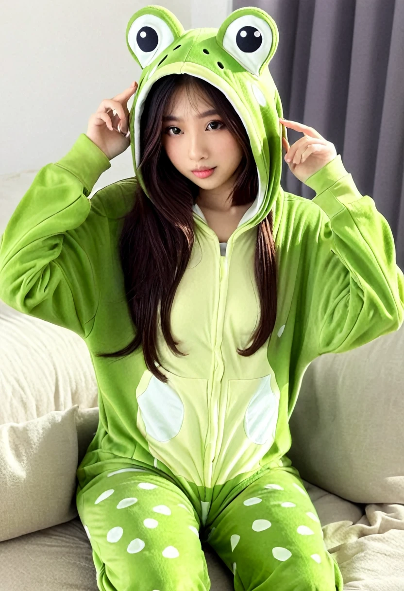 ((high quality:1.2)), work of art, (8k), extremely detailed, ((High detail:1.2)), ((best resolution:1.4)), Solo, 24 years old Korean Ulzzang female, ((fr0ggy, frog  pajamas, barefoot, hood, animal costume, onesie)), 