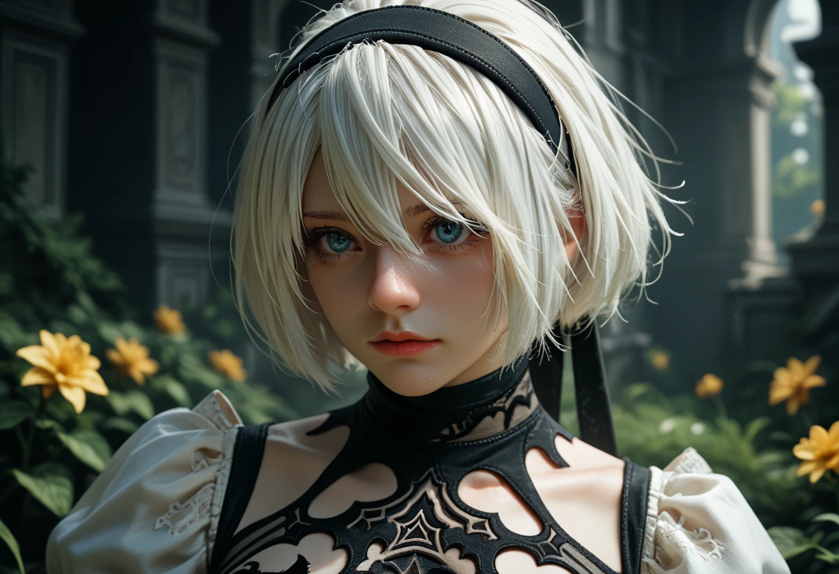 yorha no. 2 Type B, 1 girl, Oh!, (sale), old, neckline, neckline cutout, clothing trimming, green background, hair between the eyes, hair band, High resolution, juliet sleeves, long sleeves, nier (series), Nier Automata,  puffy sleeves, Red lips, shadowed face, short hair, Alone, turtleneck, Upper part of the body, by white, sky