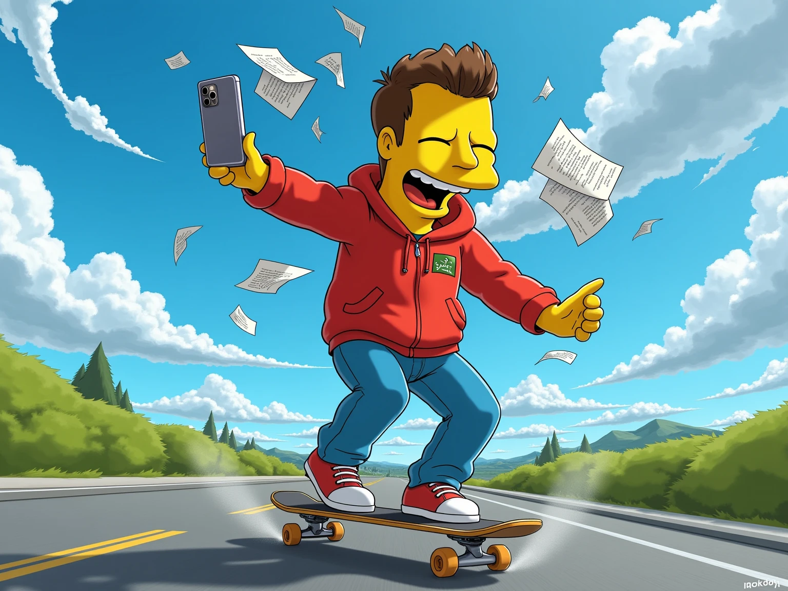 A cinematic and dynamic scene in The Simpsons universe featuring a hyper-realistic man with lifelike skin tones and an oversized, caricature-like head. The man rides a skateboard at high speed, joyfully throwing a laptop, an iPhone, and a flurry of papers into the air. Motion blur and dramatic lighting create a sense of speed and energy. The vibrant Simpsons environment with a blue sky and fluffy clouds contrasts with the realistic textures of the man, making the image spectacular.
