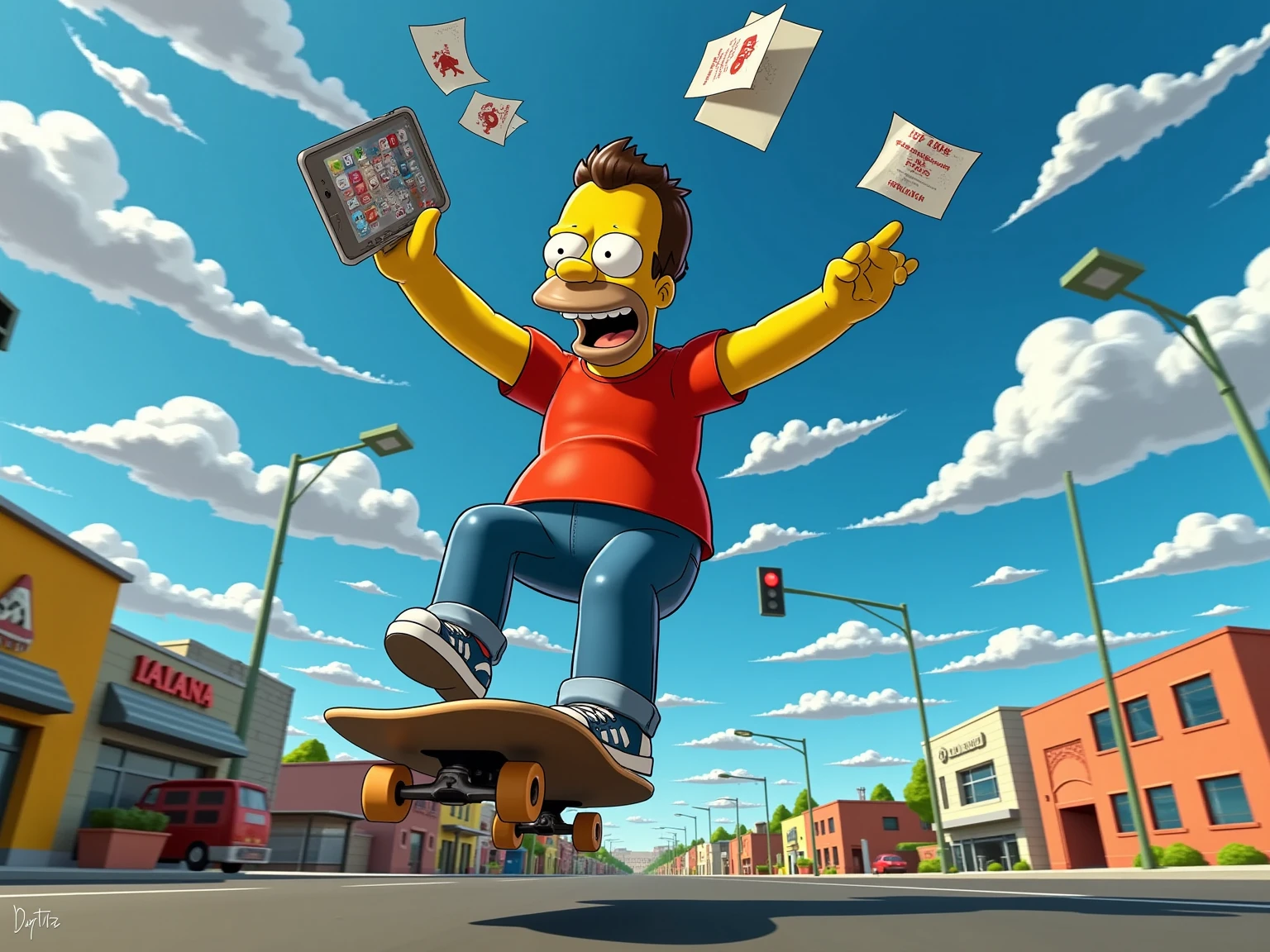 A cinematic and dynamic scene in The Simpsons universe featuring a hyper-realistic man with lifelike skin tones and an oversized, caricature-like head. The man rides a skateboard at high speed, joyfully throwing a laptop, an iPhone, and a flurry of papers into the air. Motion blur and dramatic lighting create a sense of speed and energy. The vibrant Simpsons environment with a blue sky and fluffy clouds contrasts with the realistic textures of the man, making the image spectacular.
