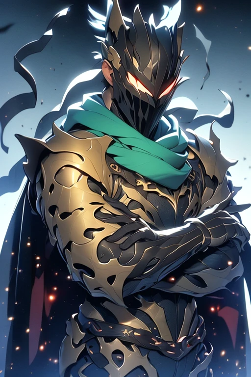  A man wearing turquoise armor ,  upper part of the face hidden by the armor, a gigantic black cape ,  shoulder pads with many metallic layers , long black gloves,  a shirt made of black stripes ,  large turquoise pants ,  black shoes.  Expression of seriousness green sparkles ,  simple background  